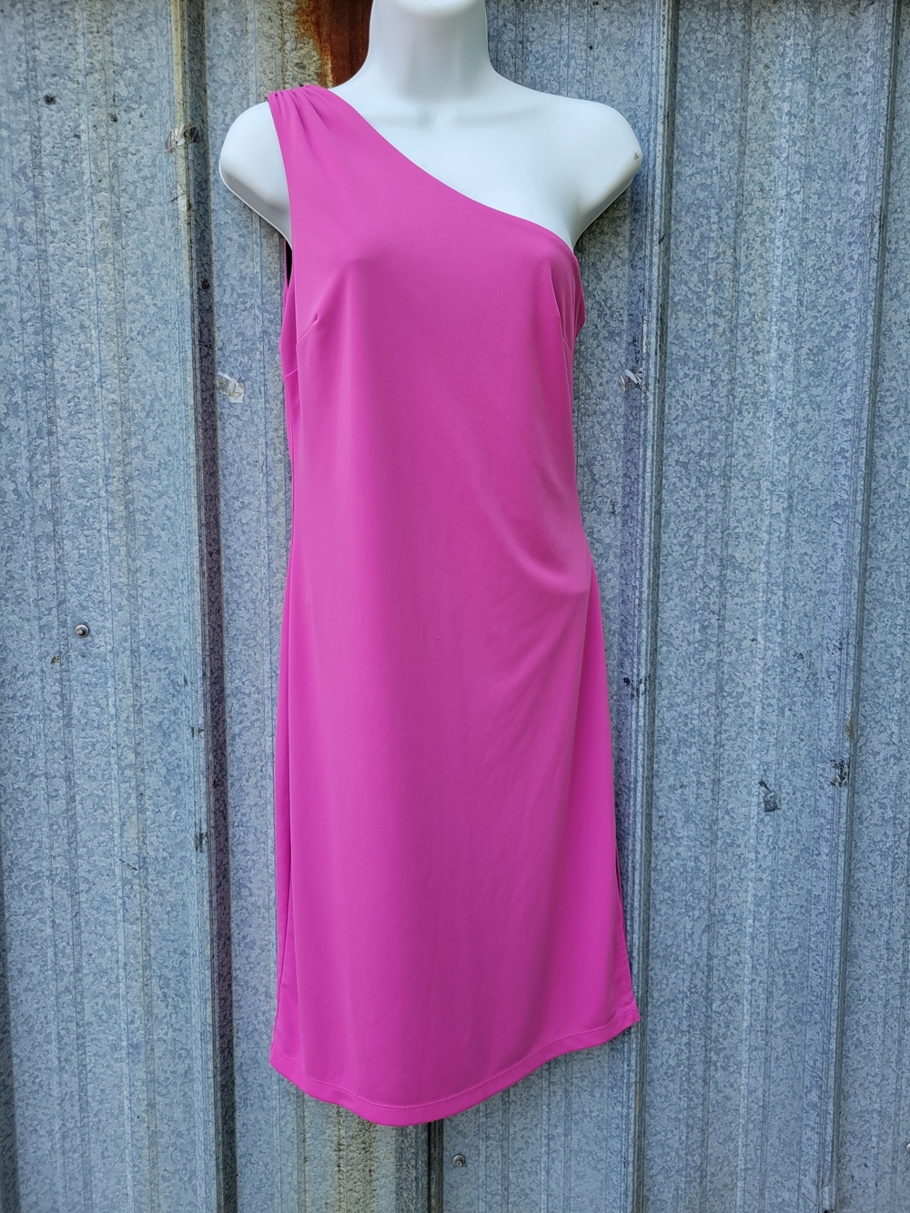 Express One-Shoulder Reversible Fuchsia Shift Dress Pink/Black